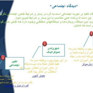 دانلود پاورپوینت با موضوع دیدگاه اجتماعی، در قالب pptx و در 18 اسلاید، قابل ویرایش، شامل تعریف دیدگاه اجتماعی، دیدگاه اجتماعی پارسونز، دیدگاه اجتماعی کوهن، نقش معلم، تلقی نسبت به ارزشیابی آموخته ها، تعریف ارزشیابی پیشرفت تحصیلی، نظریه پردازان دیدگاه شهروندی دموکراتیک، آرمان های تربیتی شهروندی دموکراتیک، تلقی نسبت به فرایند یادگیری، تلقی نسبت به یادگیرنده، تلقی نسبت به فرایند آموزش، آموزش مستقیم